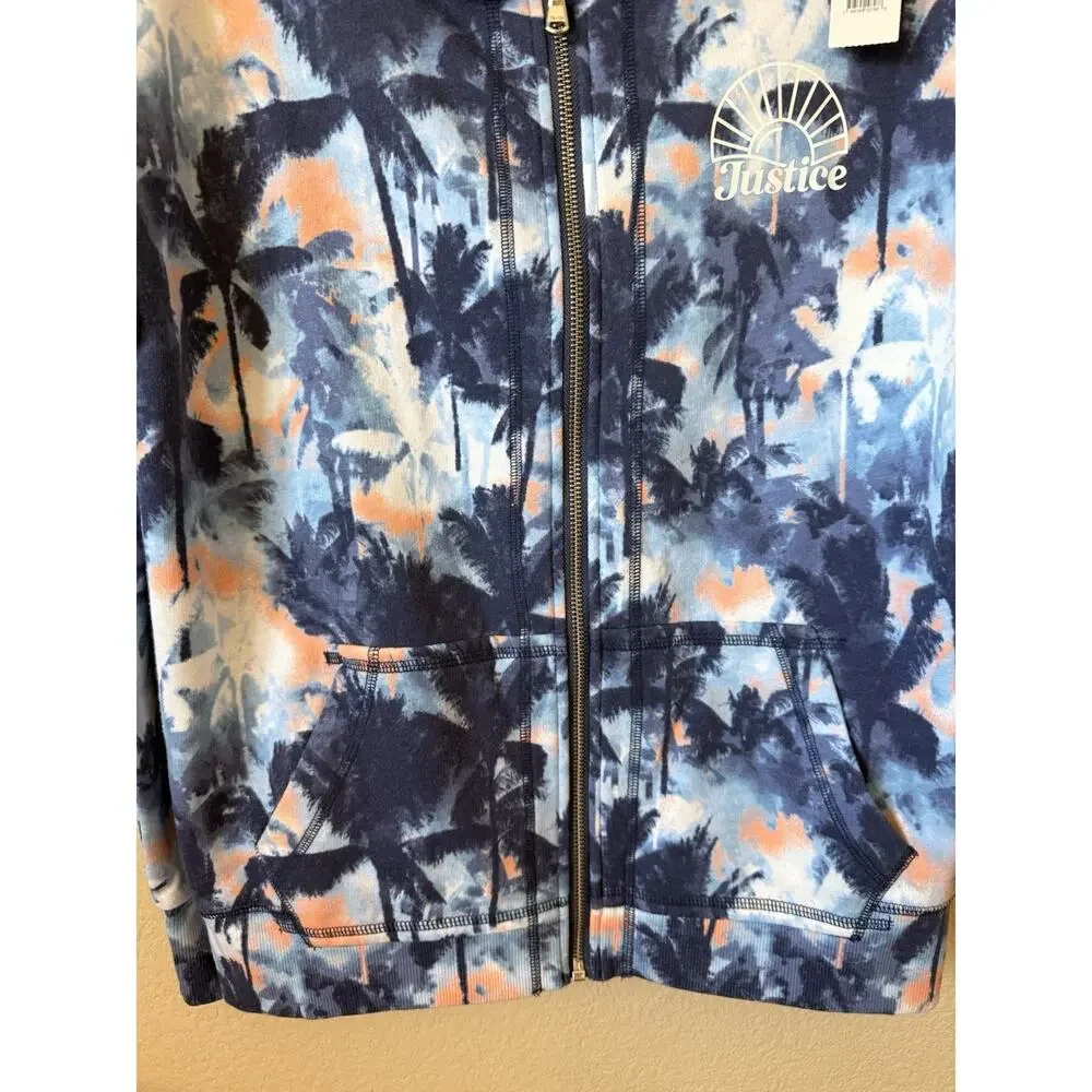 Justice Blue Palm Trees Sunsets Fleece Full Zip Up Hoodie Jacket Size L 12/14